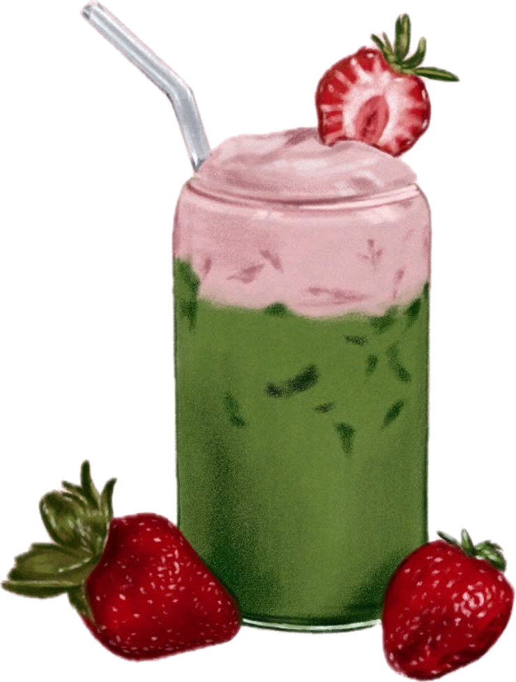 Watercolor illustration of a strawberry matcha drink